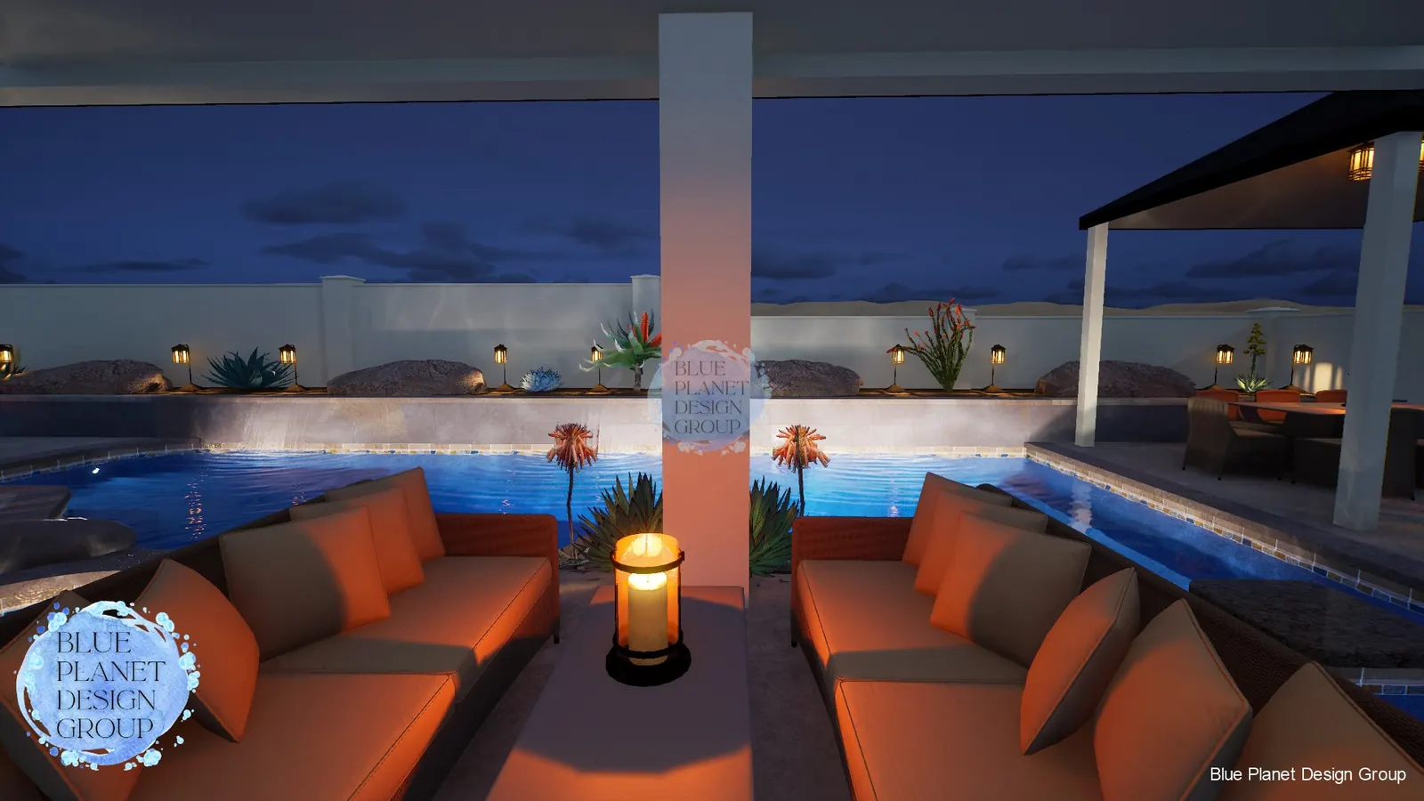 Desert courtyard pool at night